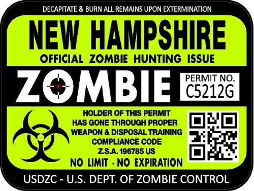 ProSticker 1239 (Two Pack) 3"x 4" Zombie Series New Hampshire Hunting License Permit Decal Sticker