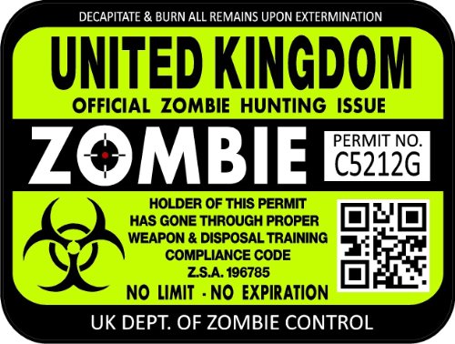 ProSticker 1210 (Two Pack) 3"x 4" Zombie Series United Kingdom Hunting License Permit Decal Sticker